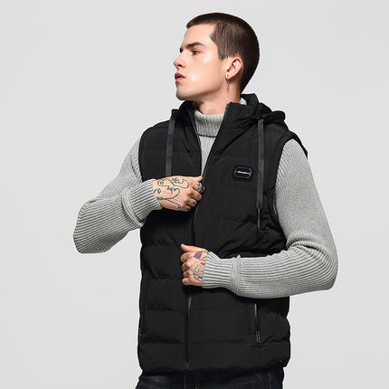 Autumn and Winter Coat Warm Down Cotton Vest Men's Korean Fashionable Hooded Waistcoat Solid Color Simple Coat