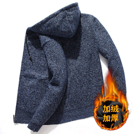 Foreign trade Winter new men's knitted cardigan plus velvet solid color hooded casual warm personality sweater coat wholesale