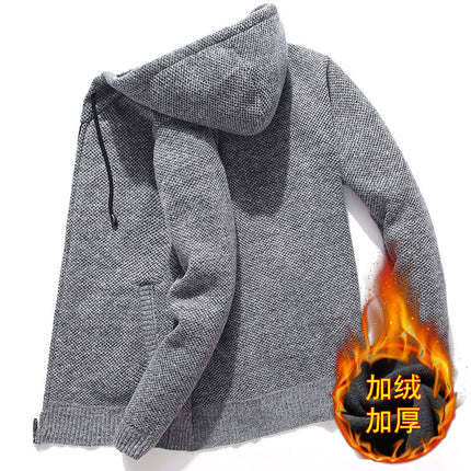 Foreign trade Winter new men's knitted cardigan plus velvet solid color hooded casual warm personality sweater coat wholesale