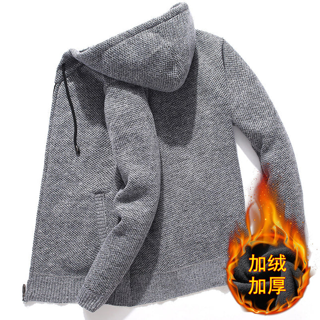 Foreign trade Winter new men's knitted cardigan plus velvet solid color hooded casual warm personality sweater coat wholesale