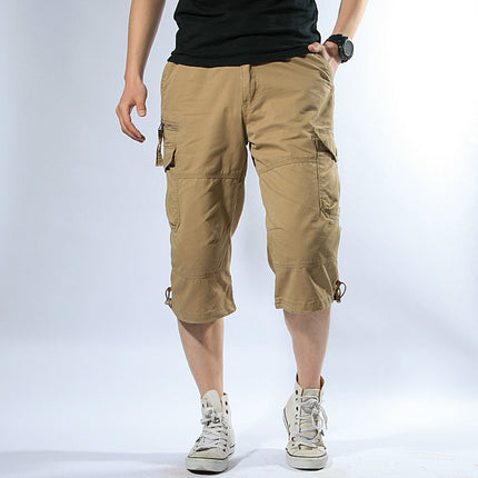 Summer Cargo Pants, Thin, Loose, Plus-Size Men's Shorts, Multi-Pocket Mid-Length Pants, Outdoor Casual Seven-Point Pants, High-Waisted for Men