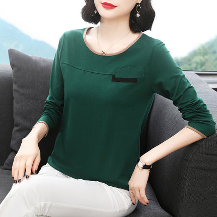 Long-sleeved T-shirt Women's Spring and Autumn New Solid Color Round Neck Base Shirt Thin Slim-fit Slimming Cotton Casual Top