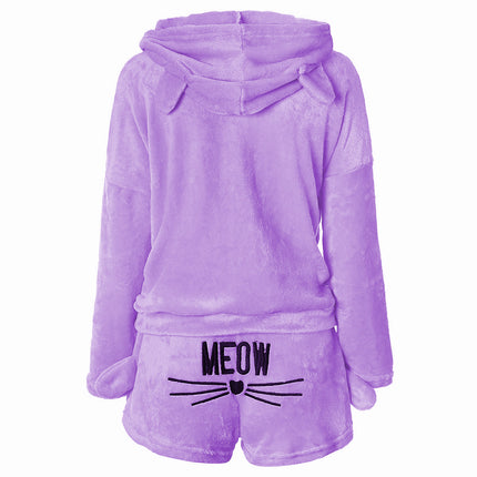 Cross-Border Women's Clothing 2018 Winter Cat Embroidered Pajamas Plush Long-Sleeved Two-Piece Home Clothes Set Manufacturer Dropshipping