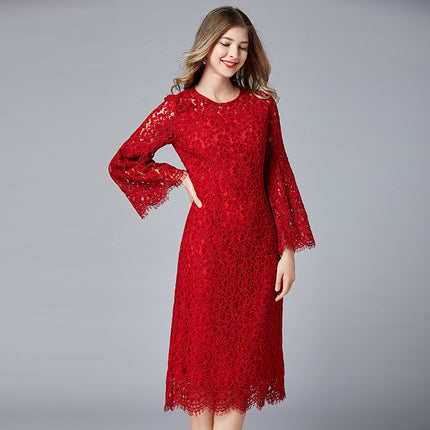 A generation of loose large size lace dress fat MM Spring and Autumn new eyelash horn sleeve skirt