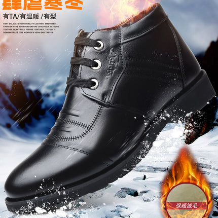 Men's Shoes Made of First-Layer Cowhide Leather, Cotton Shoes for Middle-Aged and Elderly People, High-Top Dad Shoes, Waterproof, Non-Slip, Durable, Thickened, Winter Style with Added Fleece