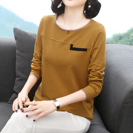 Long-sleeved T-shirt Women's Spring and Autumn New Solid Color Round Neck Base Shirt Thin Slim-fit Slimming Cotton Casual Top