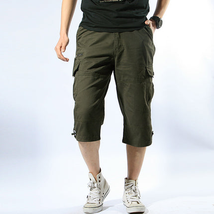 Summer Cargo Pants, Thin, Loose, Plus-Size Men's Shorts, Multi-Pocket Mid-Length Pants, Outdoor Casual Seven-Point Pants, High-Waisted for Men