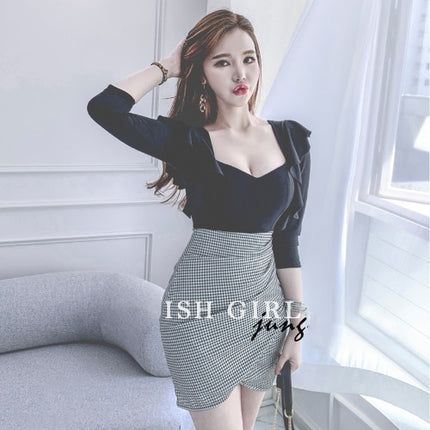 2026 Summer Southeast Asia Korean Style Fashion Women's Square Neck Ruffle Sleeve Plaid Bodycon Slim Dress 4460