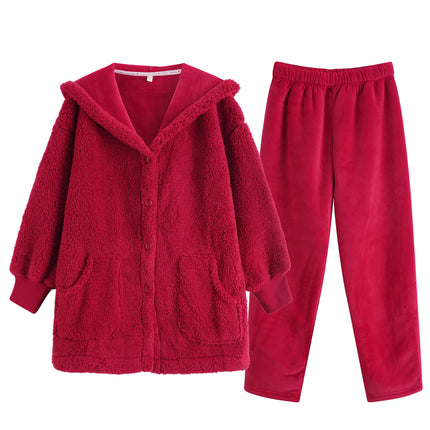 Little Red Riding Book Recommended Flannel Cardigan Hooded Suit Boutique Double-sided Fleece Home Clothes Red Festive Wedding Pajamas
