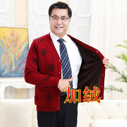 Autumn and Winter Thickened Middle-aged and Elderly Sweater Wool Pure Face Solid Color Jacket Cardigan Elderly Couple Dress Red Festive Parents