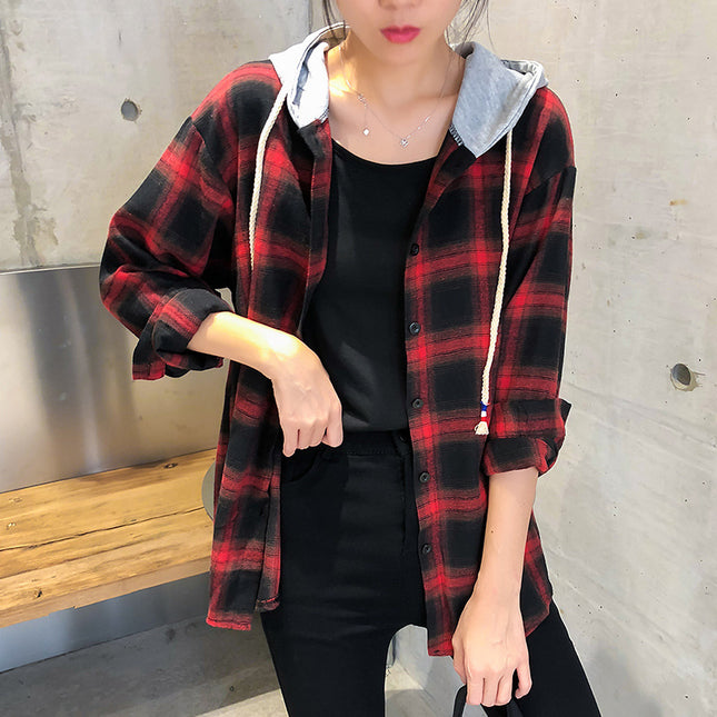 2024 Korean version of hooded bf loose plaid long sleeve shirt women can be shipped season new Harajuku student shirt coat