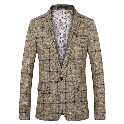 Foreign trade spring and autumn casual jacket fine plaid woolen small suit men's slim handsome single suit middle-aged and elderly suit top