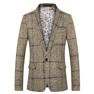 Foreign trade spring and autumn casual jacket fine plaid woolen small suit men's slim handsome single suit middle-aged and elderly suit top