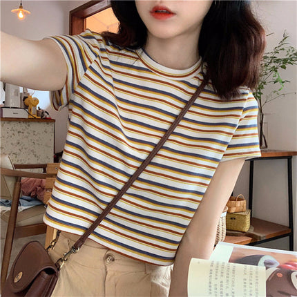 2021 Summer Korean Style All-match Loose Rainbow Hyun Elegant Style Striped Short-sleeved T-shirt for Female Students New Fashionable Top