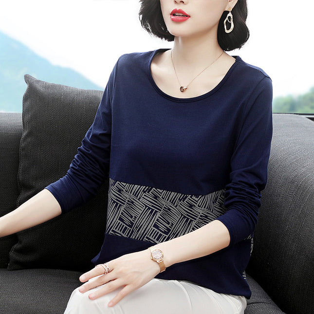 Spring and Autumn New Casual T-shirt Women's Long-sleeved Loose Mid-length All-match Cotton Distinctive Base Shirt Crewneck Top Trendy