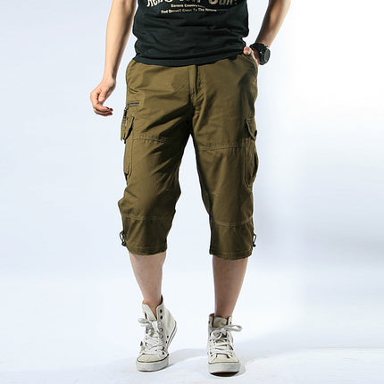 Summer Cargo Pants, Thin, Loose, Plus-Size Men's Shorts, Multi-Pocket Mid-Length Pants, Outdoor Casual Seven-Point Pants, High-Waisted for Men
