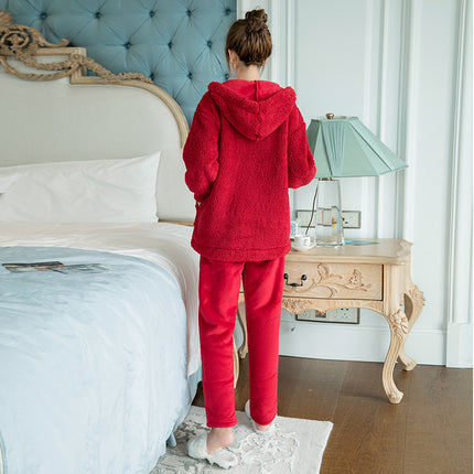Little Red Riding Book Recommended Flannel Cardigan Hooded Suit Boutique Double-sided Fleece Home Clothes Red Festive Wedding Pajamas