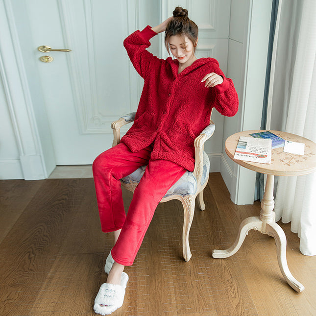 Little Red Riding Book Recommended Flannel Cardigan Hooded Suit Boutique Double-sided Fleece Home Clothes Red Festive Wedding Pajamas