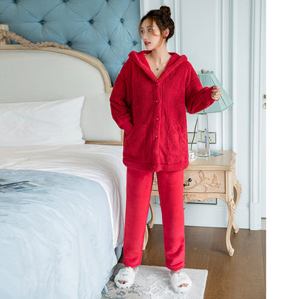 Little Red Riding Book Recommended Flannel Cardigan Hooded Suit Boutique Double-sided Fleece Home Clothes Red Festive Wedding Pajamas