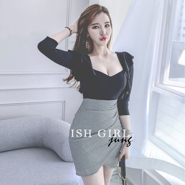 2026 Summer Southeast Asia Korean Style Fashion Women's Square Neck Ruffle Sleeve Plaid Bodycon Slim Dress 4460