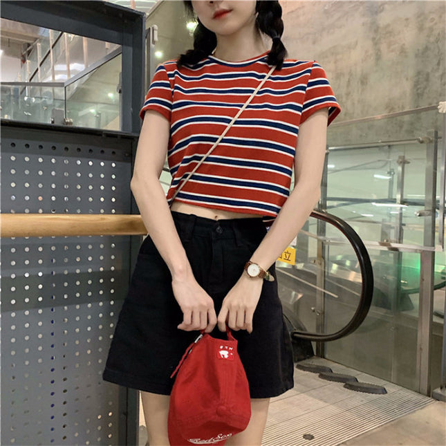 2021 Summer Korean Style All-match Loose Rainbow Hyun Elegant Style Striped Short-sleeved T-shirt for Female Students New Fashionable Top