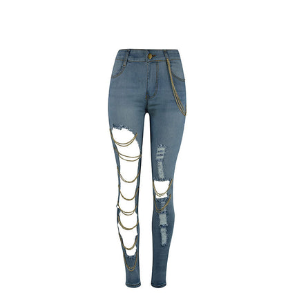 Special AliExpress Amazon Europe and America Exaggerated Big Ripped Jeans Women's Chain Hanging Ornaments Stretch Cotton Leg Pants
