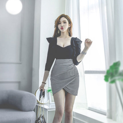 2026 Summer Southeast Asia Korean Style Fashion Women's Square Neck Ruffle Sleeve Plaid Bodycon Slim Dress 4460