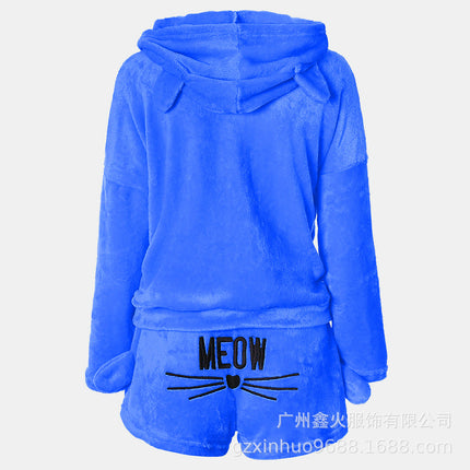 Cross-Border Women's Clothing 2018 Winter Cat Embroidered Pajamas Plush Long-Sleeved Two-Piece Home Clothes Set Manufacturer Dropshipping