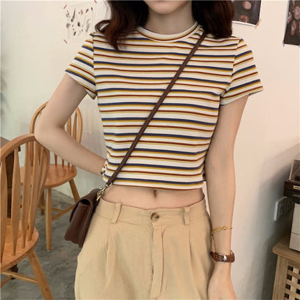 2021 Summer Korean Style All-match Loose Rainbow Hyun Elegant Style Striped Short-sleeved T-shirt for Female Students New Fashionable Top