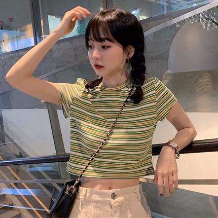 2021 Summer Korean Style All-match Loose Rainbow Hyun Elegant Style Striped Short-sleeved T-shirt for Female Students New Fashionable Top