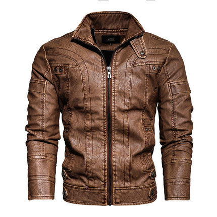 Foreign Trade ebay Amazon Leather Jacket Men's Leather Jacket European and American Fashion Slim Fit Motorcycle PU fleece-lined Leather Jacket Trendy
