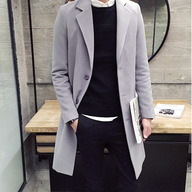 Foreign Trade Southeast Asia Market Men's Woolen Coat Autumn and Winter Korean Style Slim-fit Solid Color Mid-length Trenchcoat Outer Wear Tweed Coat