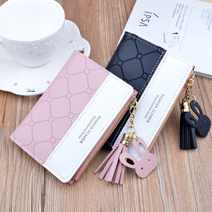 New Arrival Small Wallet Women's Short Zipper Tassel Wallet Female Student's Korean Style Fashion Plaid Contrast Color Coin Purse Card Holder
