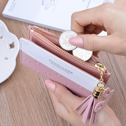 New Arrival Small Wallet Women's Short Zipper Tassel Wallet Female Student's Korean Style Fashion Plaid Contrast Color Coin Purse Card Holder