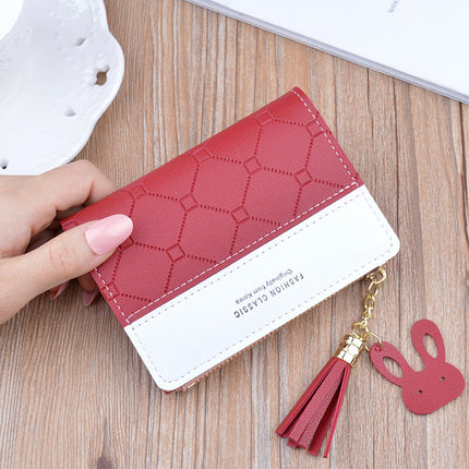 New Arrival Small Wallet Women's Short Zipper Tassel Wallet Female Student's Korean Style Fashion Plaid Contrast Color Coin Purse Card Holder