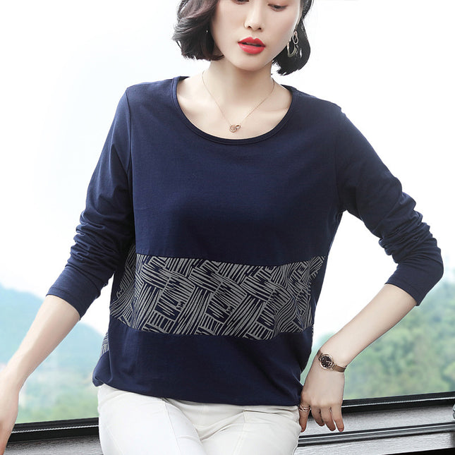 Spring and Autumn New Casual T-shirt Women's Long-sleeved Loose Mid-length All-match Cotton Distinctive Base Shirt Crewneck Top Trendy