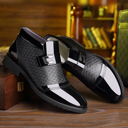 2023 Winter Thickened Warm Cotton Shoes Men's Lacquer High Top Men's Shoes fleece-lined Non-slip Business Dress Shoes Men's Men's Leather Shoes