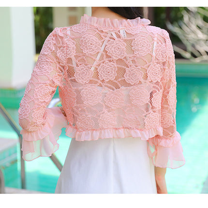 Matching Beach Dress Small Shawl Jacket Short Summer Trumpet Sleeve Thin Chiffon Stitching Lace Fairy Small Cardigan