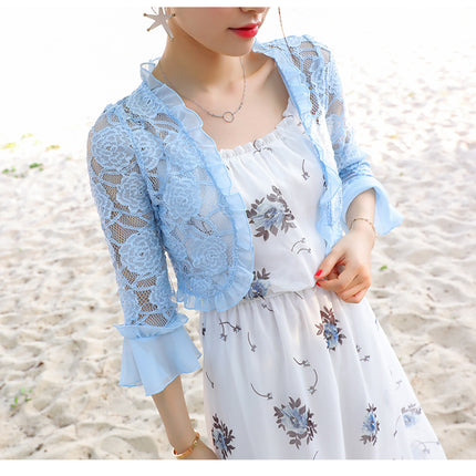Matching Beach Dress Small Shawl Jacket Short Summer Trumpet Sleeve Thin Chiffon Stitching Lace Fairy Small Cardigan