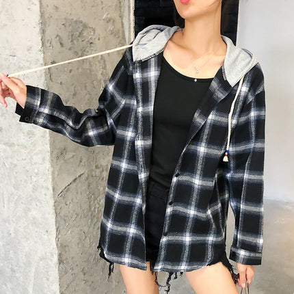 2024 Korean version of hooded bf loose plaid long sleeve shirt women can be shipped season new Harajuku student shirt coat