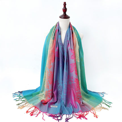 Autumn and Winter Scarf Women's Thickened Shawl Five Golden Flowers Warm Long All-match Ethnic Style Spring and Autumn Cashmere Scarf D09
