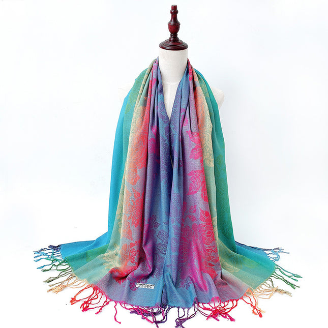 Autumn and Winter Scarf Women's Thickened Shawl Five Golden Flowers Warm Long All-match Ethnic Style Spring and Autumn Cashmere Scarf D09