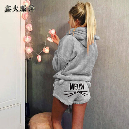 Cross-Border Women's Clothing 2018 Winter Cat Embroidered Pajamas Plush Long-Sleeved Two-Piece Home Clothes Set Manufacturer Dropshipping