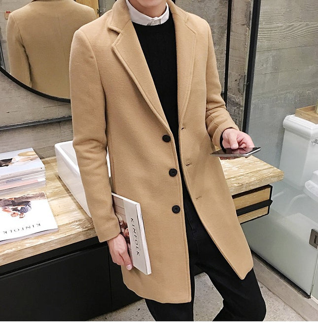 Foreign Trade Southeast Asia Market Men's Woolen Coat Autumn and Winter Korean Style Slim-fit Solid Color Mid-length Trenchcoat Outer Wear Tweed Coat