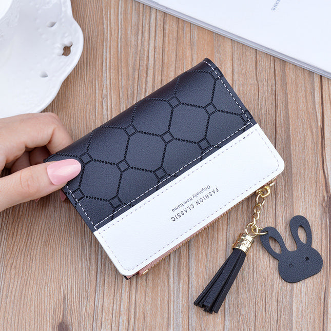 New Arrival Small Wallet Women's Short Zipper Tassel Wallet Female Student's Korean Style Fashion Plaid Contrast Color Coin Purse Card Holder