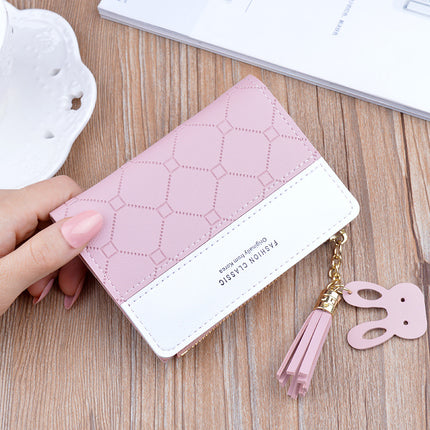 New Arrival Small Wallet Women's Short Zipper Tassel Wallet Female Student's Korean Style Fashion Plaid Contrast Color Coin Purse Card Holder
