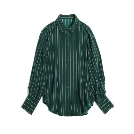 Special Offer: Commuter Ol Style, Simple and Elegant Seaweed Green Striped Print Silk Shirt for Women, Long-Sleeve Button-Up Mulberry Silk Blouse