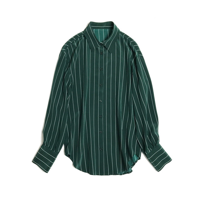 Special Offer: Commuter Ol Style, Simple and Elegant Seaweed Green Striped Print Silk Shirt for Women, Long-Sleeve Button-Up Mulberry Silk Blouse