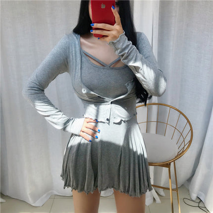 Real shot South Korea Dongdaemun Korean version of micro-through small cardigan + sexy suspenders waist two-piece dress women's fashion