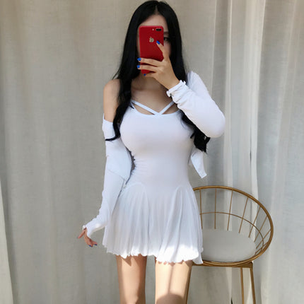 Real shot South Korea Dongdaemun Korean version of micro-through small cardigan + sexy suspenders waist two-piece dress women's fashion